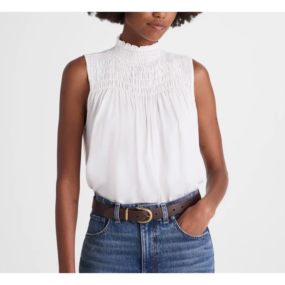 Madewell Womens Winter White Smocked Mockneck Sleeveless Flowy Top XL New